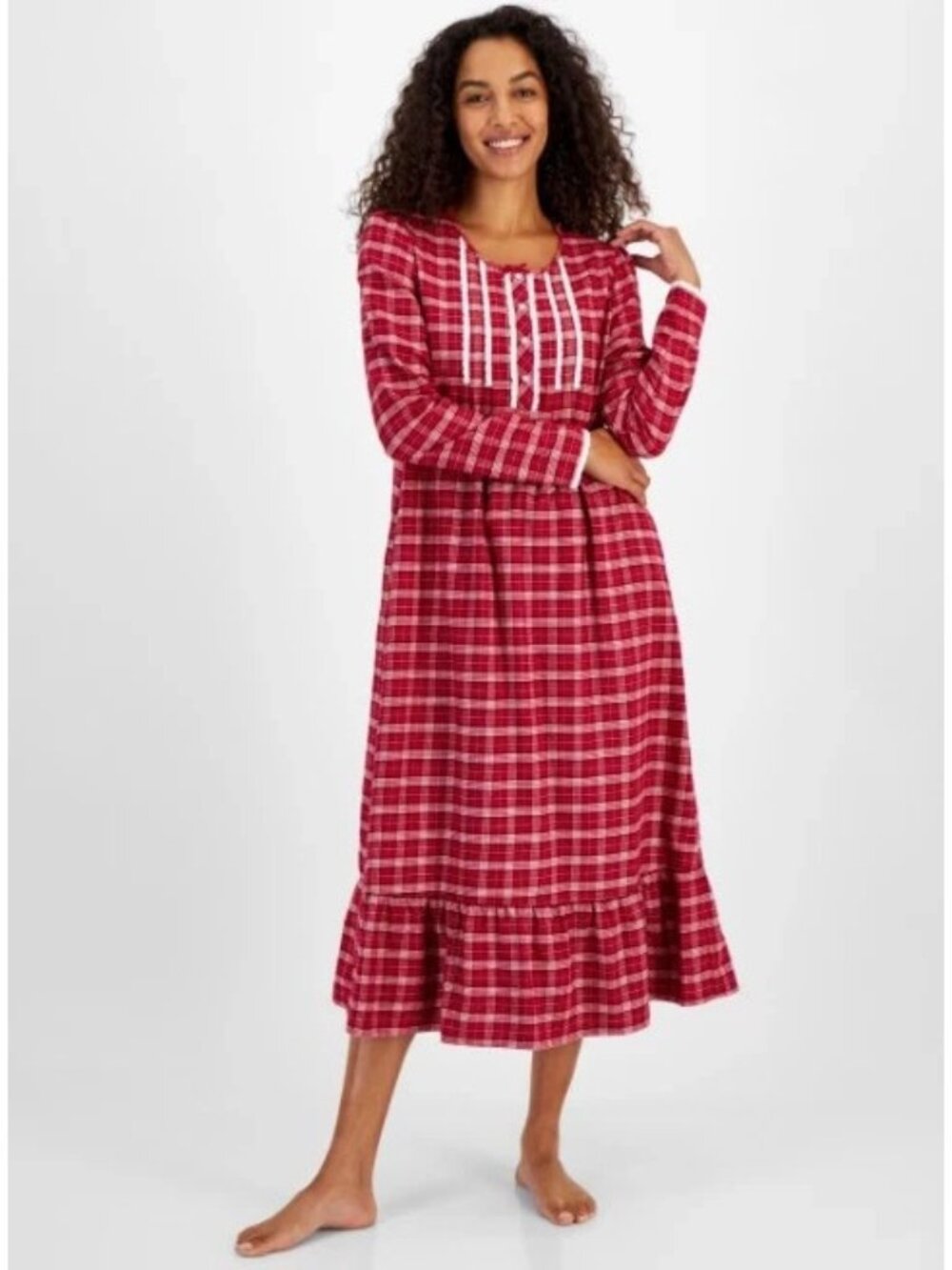 Charter Club Women's Plaid Flannel Gown Holiday Plaid Red Midi Cabincore XS NEW